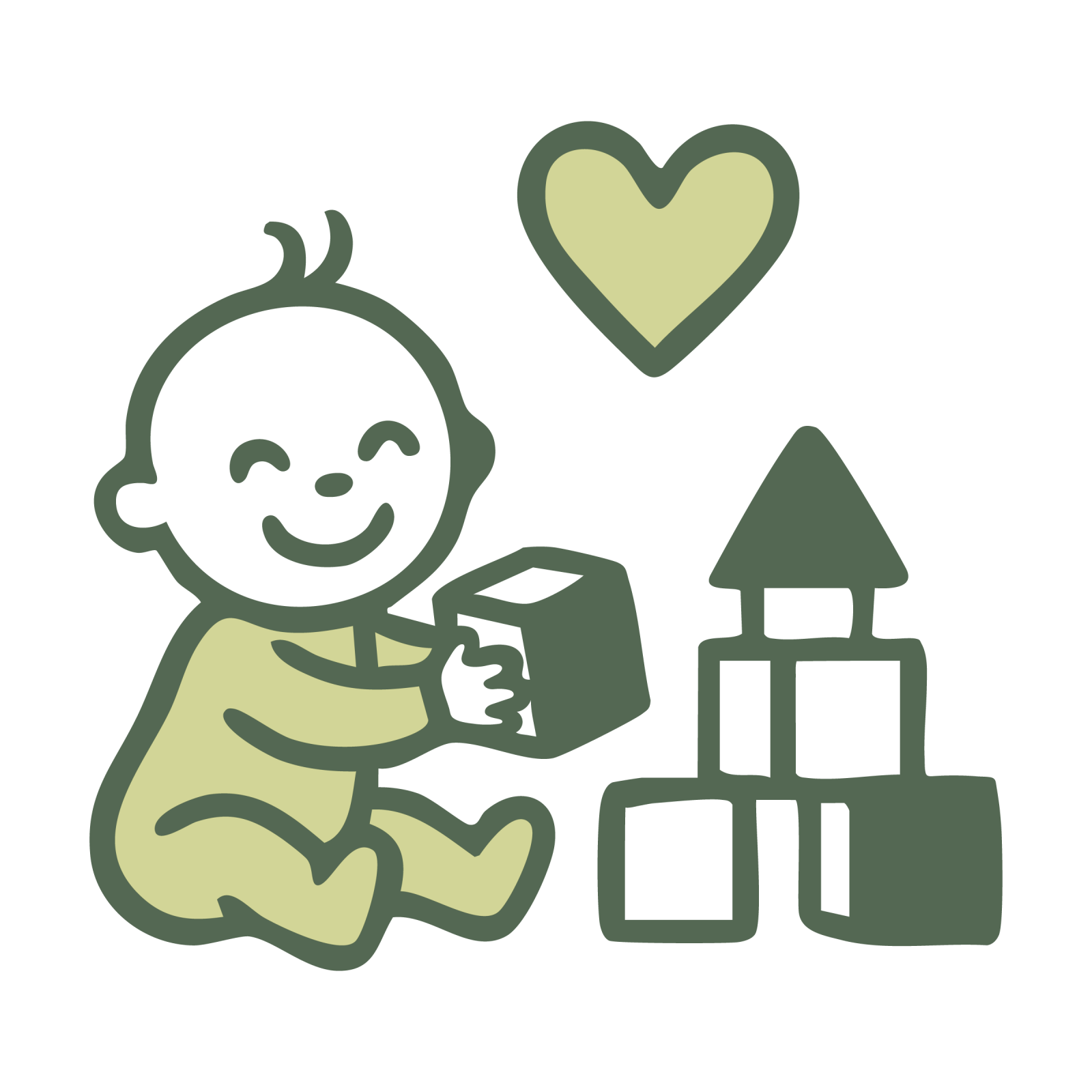 Lächendes Baby sitzt und spielt mit Bauklötzen, Herzsymbol über den Klötzen