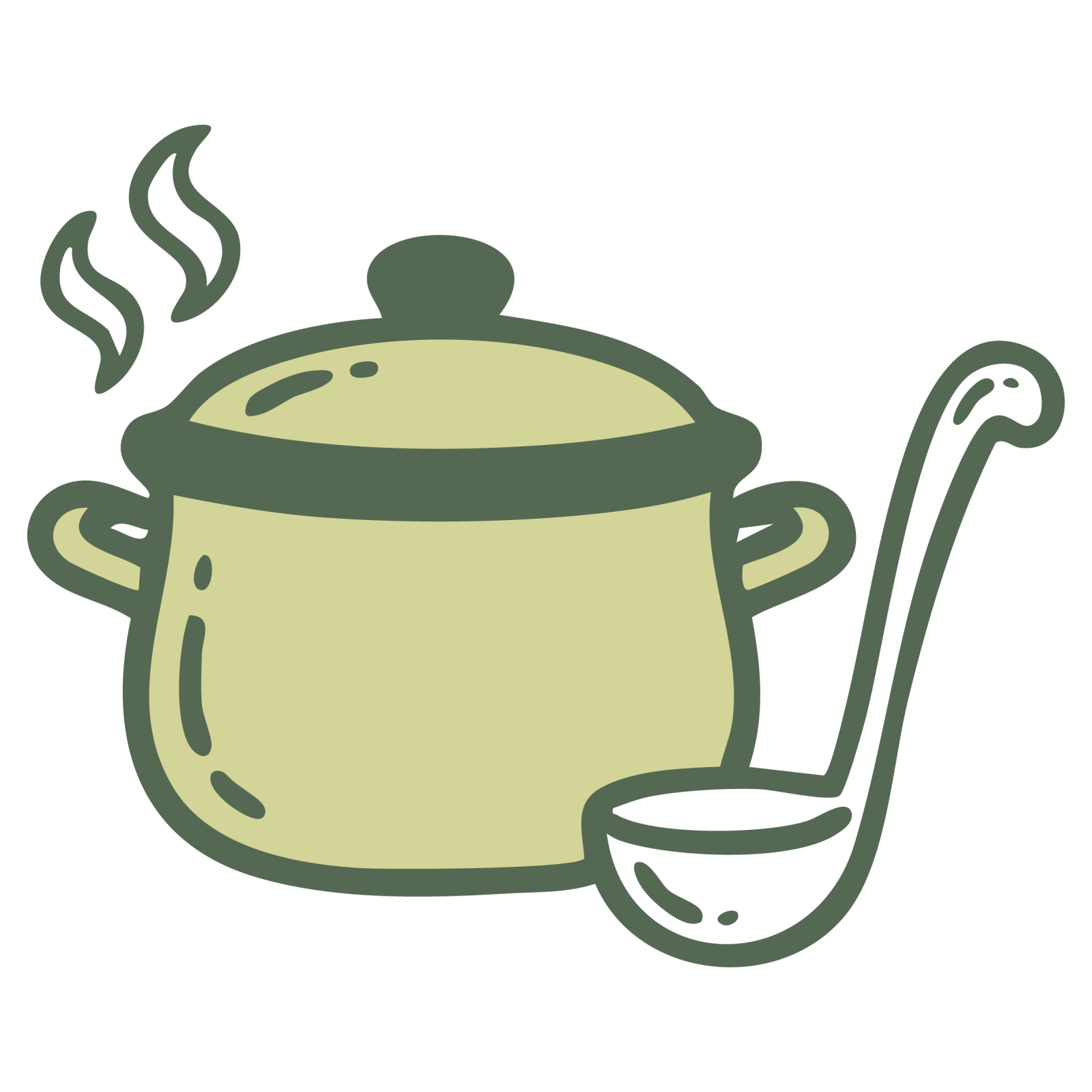 Dampfender Kochtopf mit Deckel und Suppenkelle rechts daneben