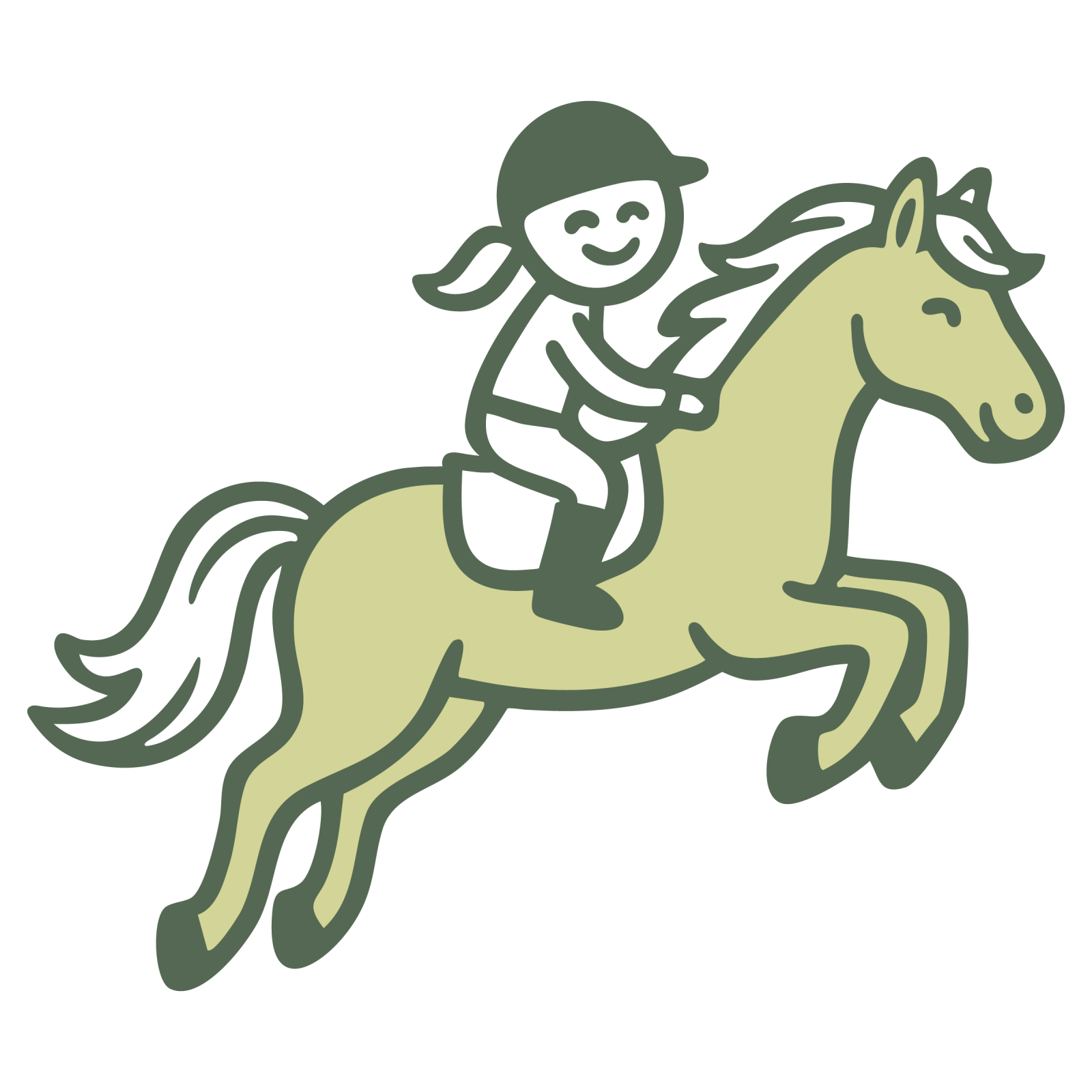 Strichzeichnung eines lächelnden Reiters mit Helm auf einem springenden Pferd