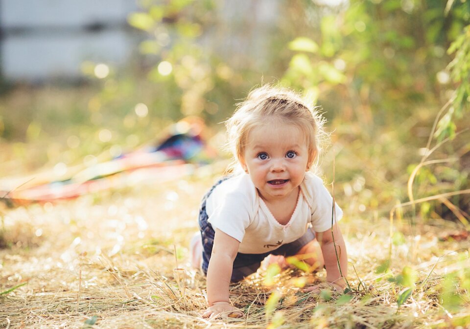 Baby beim Krabbeln in der Wiese