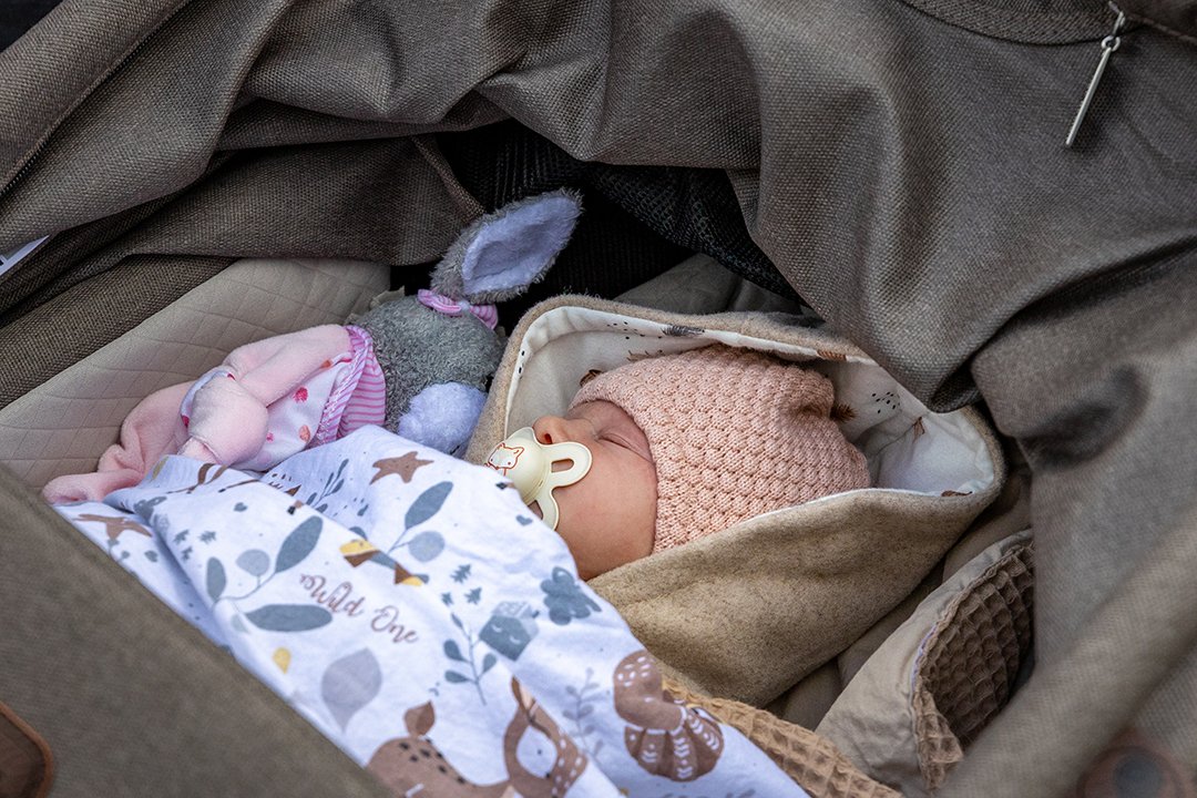 Schlafendes Baby mit rosa Mütze und Schnuller in braunem Kinderwagen mit Kuscheltier