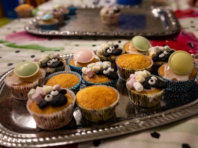 Verschiedene Muffins, einige mit Schafsgesichtern und bunter Dekoration auf einem silbernen Tablett