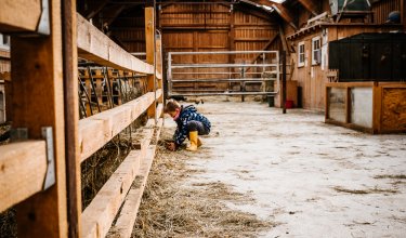 Kind in gelben Gummistiefeln hockt in einer Scheune neben einem Holzzaun und spielt mit Stroh