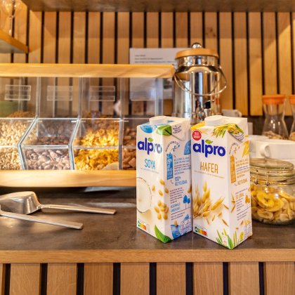 Zwei Alpro-Getränkepackungen vor einem Frühstücksbuffet mit Müslispendern und Gläsern mit Trockenfrüchten