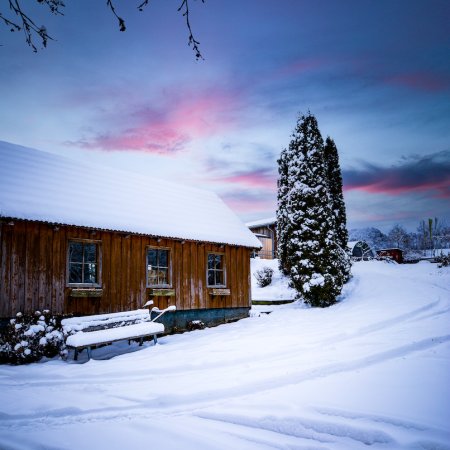 Holzhaus mit schneebedecktem Dach und Bank im Vordergrund, verschneiter Baum rechts, Abendhimmel