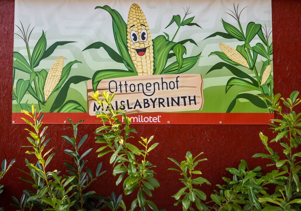 Schild am Eingang zum Maislabyrinth