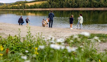 Menschen am Ufer eines ruhigen Sees mit Wald und Hügeln im Hintergrund, Blumen im Vordergrund