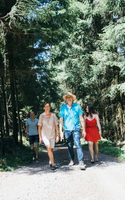 Vier Personen gehen auf einem Waldweg, umgeben von hohen Bäumen, bei sonnigem Wetter spazieren.