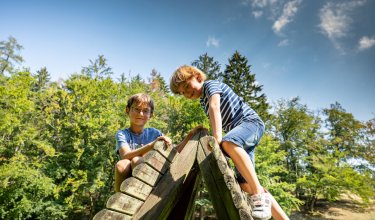 Zwei Jungen klettern auf einem Holzspielgerät im Freien vor Bäumen und blauem Himmel