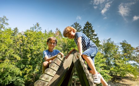 Zwei Jungen klettern auf einem Holzspielgerät im Freien vor Bäumen und blauem Himmel
