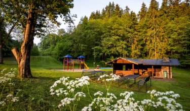 Spielplatz mit Rutsche und Klettergerüst neben Holzhütte und Sitzbänken im Wald