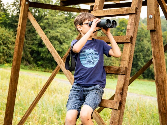 Junge mit Feldglas auf dem Hochsitz