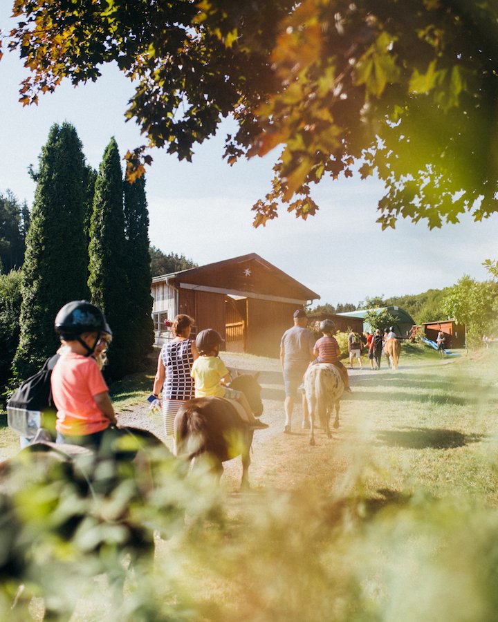 Kinder reiten auf Ponys auf einem sonnigen Weg, begleitet von Erwachsenen, mit Bäumen und Scheunen im Hintergrund