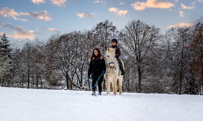 Kinder beim Wanderritt mit en Ponys