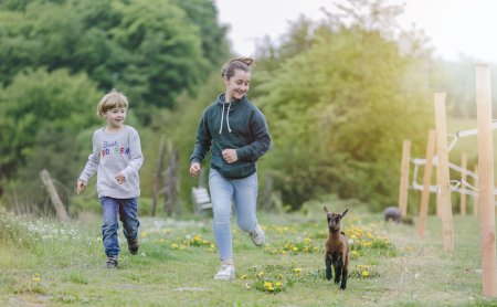 Kinder laufen auf einer Wiese neben einem kleinen Ziegenbock, umgeben von Bäumen und Holzzäunen