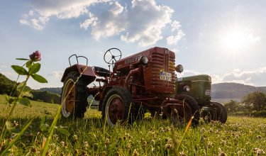 Roter Traktor im Vordergrund auf einer Wiese mit grünem Traktor dahinter und Sonne am Himmel