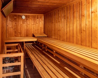 Innenansicht einer Holzsauna mit Bänken, Ofen und Thermometer an der Wand