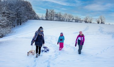 Drei Personen gehen im Schnee auf einem Feld, eine zieht einen Schlitten, Bäume im Hintergrund