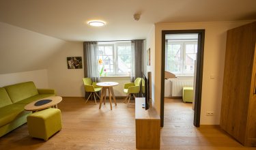 Helles Wohnzimmer mit grüner Couch, kleinem Tisch, Stühlen vor Fenster und Fernseher auf Holzmöbel