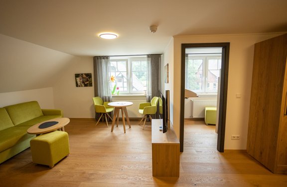 Helles Wohnzimmer mit grüner Couch, kleinem Tisch, Stühlen vor Fenster und Fernseher auf Holzmöbel