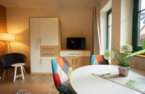 Heller Wohnraum mit rundem weißen Tisch, bunten Stühlen, Schrank, Fernseher und Fenster mit Pflanzen