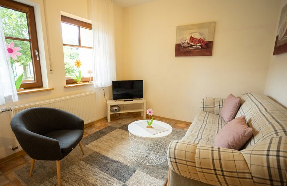 Gemütliches Wohnzimmer mit kariertem Sofa, grauem Sessel, kleinem Tisch und Fernseher vor zwei Fenstern