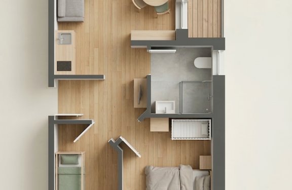 Grundriss einer Wohnung mit Wohnzimmer, Essbereich, Küche, Schlafzimmer, Bad und Balkon