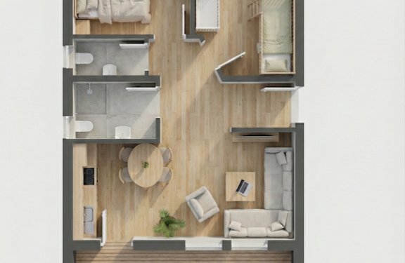 Grundriss einer Wohnung mit Schlafzimmer, Kinderzimmer, zwei Bädern, Küche, Essbereich und Wohnzimmer mit Terrasse