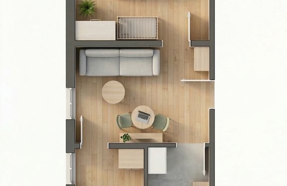 Grundriss einer Wohnung mit Schlafzimmer, Wohnzimmer, Essbereich, kleinem Schlafzimmer und Badezimmer