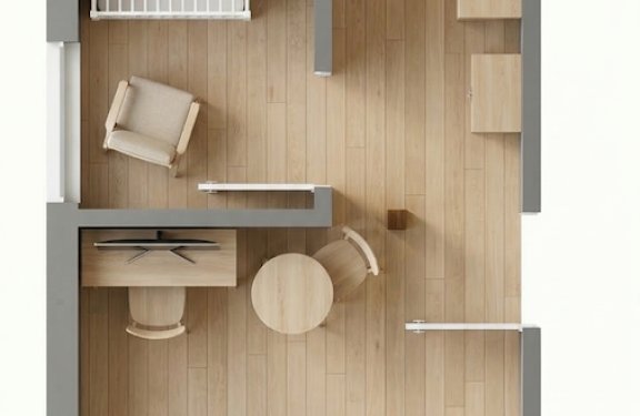 Grundriss eines kleinen Apartments mit Schlafzimmer, Arbeitsbereich, Sitzbereich und Bad mit Dusche, Waschbecken und Toilette