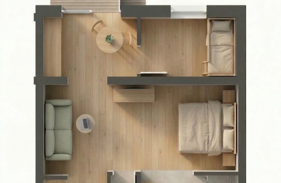 Grundriss einer kleinen Wohnung mit Wohnzimmer, Schlafzimmer, Bad und Balkon, Holzboden