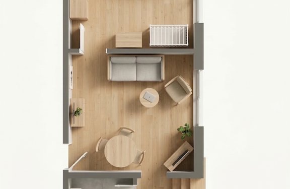 Grundriss einer kleinen Wohnung mit Schlafzimmer, Wohnzimmer, Essbereich, Küche und Bad in Holzoptik