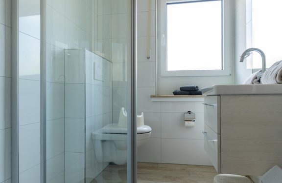 Helles Badezimmer mit Duschkabine links, Toilette in der Mitte und Waschbecken rechts unter Fenster