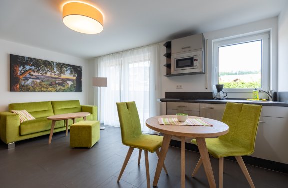 Helles Wohnzimmer mit grüner Couch, kleinem Tisch, Küchenzeile und rundem Esstisch mit zwei grünen Stühlen